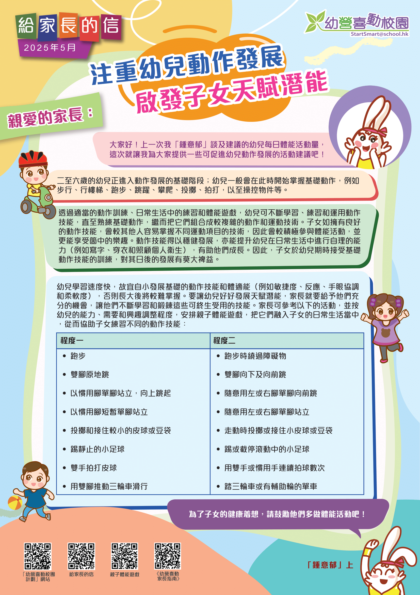 給家長的信 – 注重幼兒動作發展 啟發子女天賦潛能